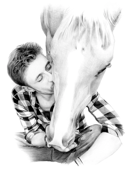 Tender Pencil Portrait of a Man Kissing His Horse in a Quiet Moment Pencil portrait of a man kissing his horse’s face, hands gently holding the muzzle, showing trust, affection, and quiet connection.