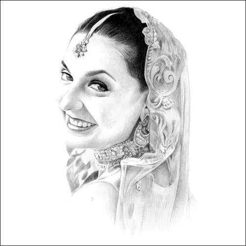 Smiling bride in detailed traditional dress and headscarf, captured in pencil with fine shading and elegant cultural detail.