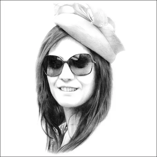 Pencil portrait of a smiling woman wearing large sunglasses and a ribboned hat, drawn with elegant detail and confident style.