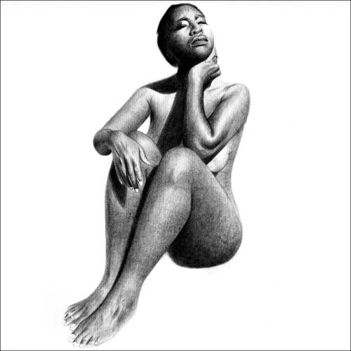 Seated Female Figure Study - Portrait Drawing of Maudelle Bass Realistic pencil drawing of a seated female figure in a reflective pose, rendered with detailed shading and careful study of form.