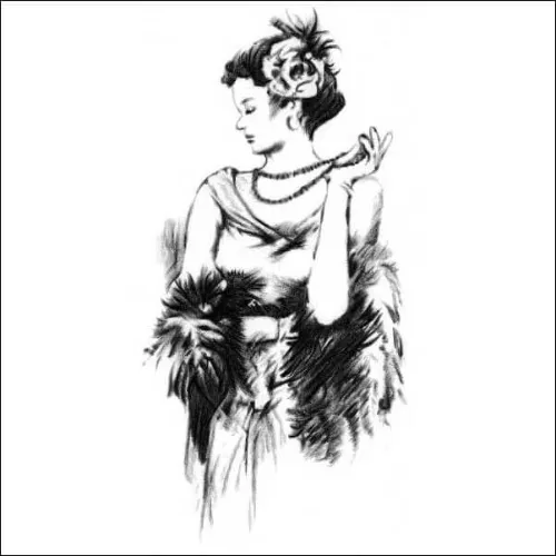 Graceful Woman with Feathered Stole - Vintage-Inspired Pencil Portrait Pencil drawing of an elegant woman in vintage dress with feathered stole and floral hair accessory, posed in a graceful profile.