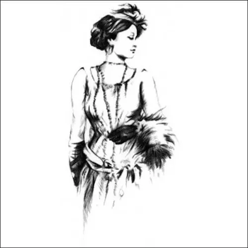 Elegant 1930s Lady in Evening Dress - Vintage Style Pencil Portrait Pencil drawing of an elegant woman in 1930s-style dress with feathered accessory, posed gracefully in a vintage-inspired portrait.