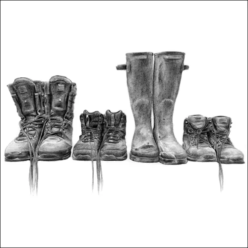 Family Boots Lined up on a Shelf Realistic pencil drawing of four pairs of worn boots in different sizes lined on a shelf, showing detailed texture and shading.