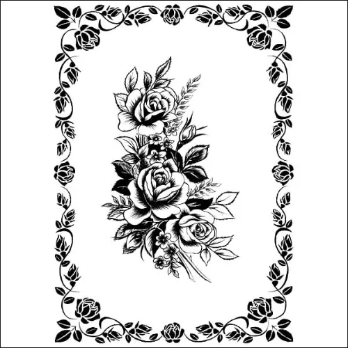 Decorative Floral Arrangement with Ornamental Border Pencil drawing of a detailed floral bouquet framed by an ornate border of roses and leaves in a balanced decorative design.