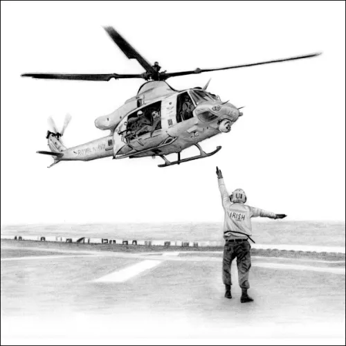 Rescue Helicopter Landing Guided by Crew Member Pencil drawing of a rescue helicopter hovering while a ground crew member signals below, capturing action and teamwork in detail.
