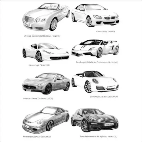 Pencil Drawings of a Collection of Classic and Performance Cars Grid of realistic pencil drawings showing a range of classic and performance cars, each carefully shaded and detailed.