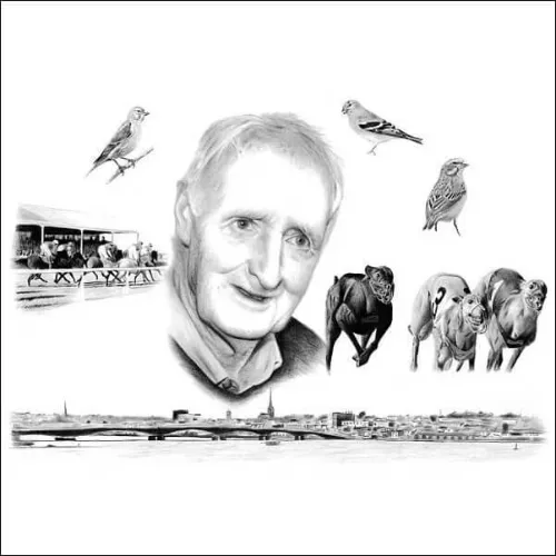 Personalised Collage Portrait with Racing, Birds and Cityscape Pencil collage portrait of a man surrounded by birds, racehorses, a grandstand and a panoramic cityscape, symbolising interests.