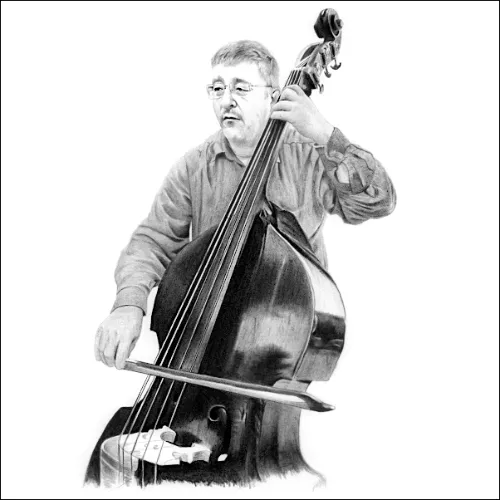 Double Bass Player in Performance Realistic pencil portrait of a musician playing a double bass, bow in hand, captured with careful shading and lifelike detail.