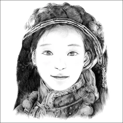 Pencil Drawing of a Young Girl in Traditional Dress Pencil portrait of a young girl wearing an ornate headdress and traditional clothing, drawn with soft shading and fine detail.