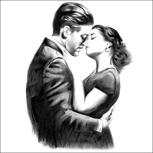 Tender Forehead Embrace - Romantic Realistic Pencil Portrait Romantic pencil portrait of a couple embracing with foreheads touching, eyes closed, capturing a quiet, intimate moment together.