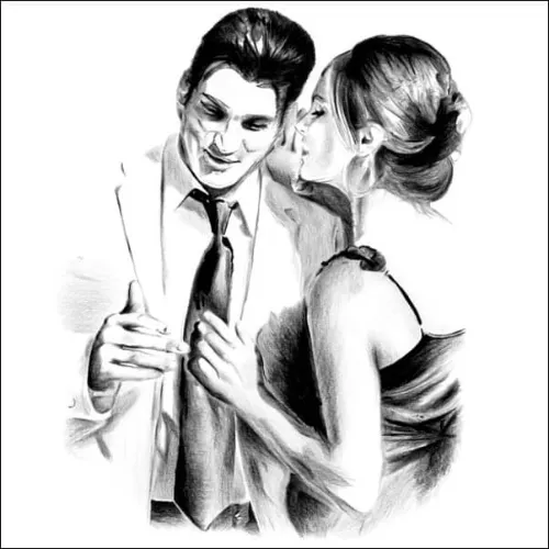 Elegant Couple with Wine Glasses - Contemporary Pencil Portrait Pencil portrait of an elegant couple holding wine glasses, standing close together and sharing a quiet, affectionate moment.