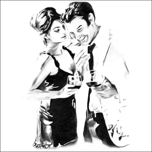 Pencil Portrait of a Joyful Couple Romantic pencil portrait of a smiling couple standing close together, holding drinks and sharing a warm, intimate moment.