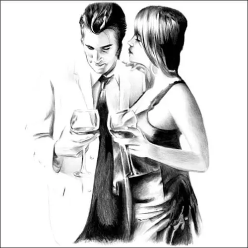 Drawing of a Couple Sharing a Quiet Moment with Wine Lifelike pencil portrait of a couple holding wine glasses, standing close together and sharing a relaxed, intimate conversation.