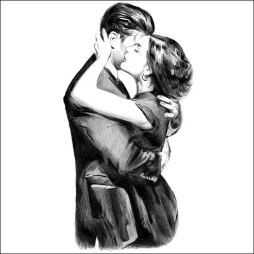 Embracing Couple Sharing a Kiss - Romantic Pencil Portrait Romantic pencil portrait of a couple embracing and kissing, rendered in soft tones that highlight tenderness and intimacy.