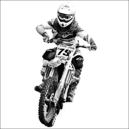 Motocross Rider in Action - Drawing of an Off-Road Racer Drawing of a motocross rider leaning forward on a dirt bike, capturing speed, control and racing intensity.
