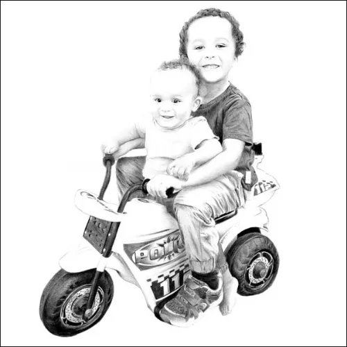 Brothers Riding a Toy Motorbike - Playful Children’s Pencil Portrait Pencil portrait of two young brothers smiling while sitting together on a toy motorbike, capturing a joyful childhood moment.