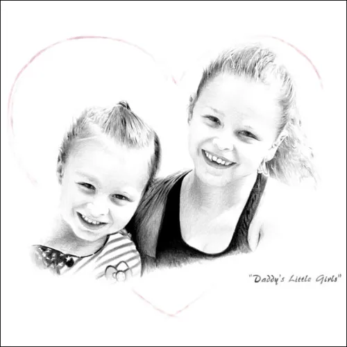 “Daddy’s Little Girls” - Smiling Sisters in a Heart-Shaped Pencil Portrait Pencil portrait of two smiling sisters framed by a heart, with soft shading and the handwritten words “Daddy’s Little Girls”.