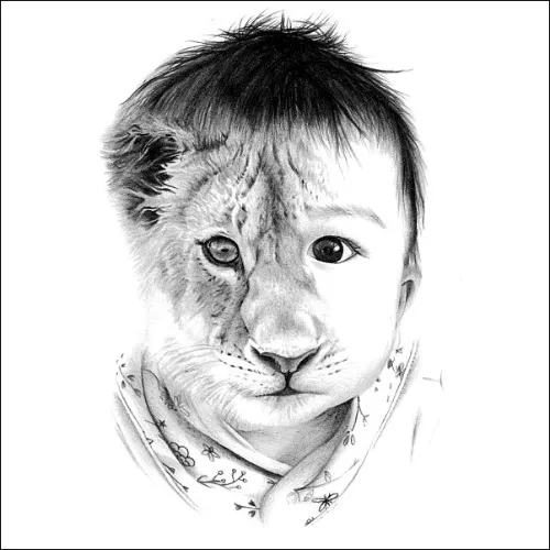 Child and Lion Cub Composite Portrait Creative pencil portrait blending half a child’s face with half a lion cub, aligned symmetrically to form a single, striking image.