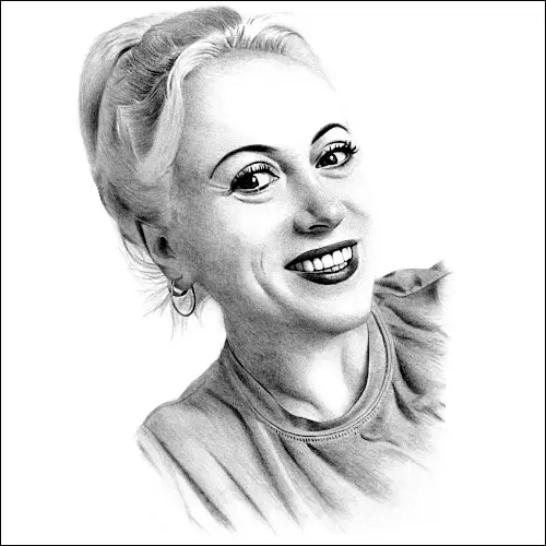 Smiling woman with classic updo and hoop earrings, drawn in pencil with fine detail and lifelike shading in a warm, joyful style.