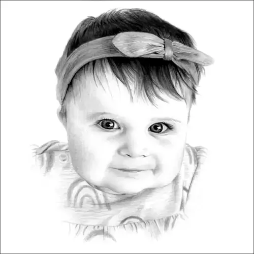 Drawings of Children: Lifelike pencil portrait of a smiling baby wearing a fabric headband, finely shaded to capture soft eyes and expression.