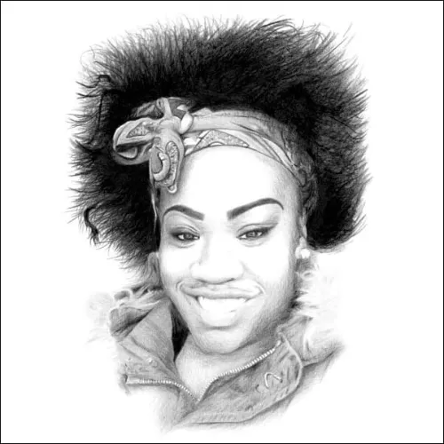 Joyful pencil portrait of a woman with natural hair and a headscarf, smiling brightly with detailed shading and lifelike texture.