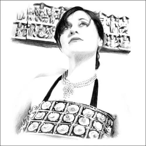 Pencil Portrait of an Elegant Woman in Patterned Dress Pencil portrait of an elegant woman in a patterned dress and necklace, gazing upward with a thoughtful expression and soft shading.