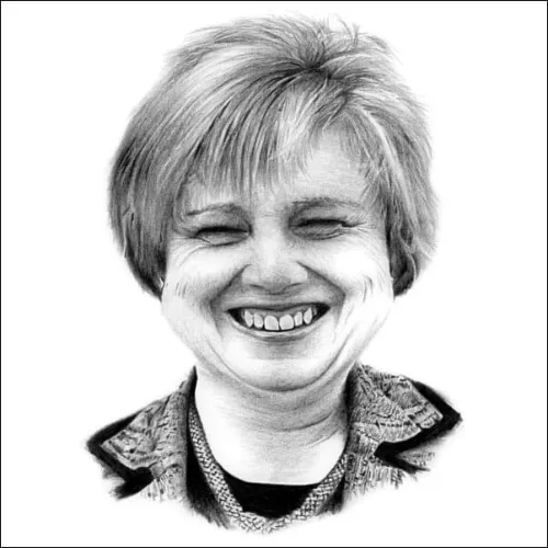 Joyful pencil portrait of a laughing woman with eyes closed, short hair, and textured clothing, full of warmth and character.