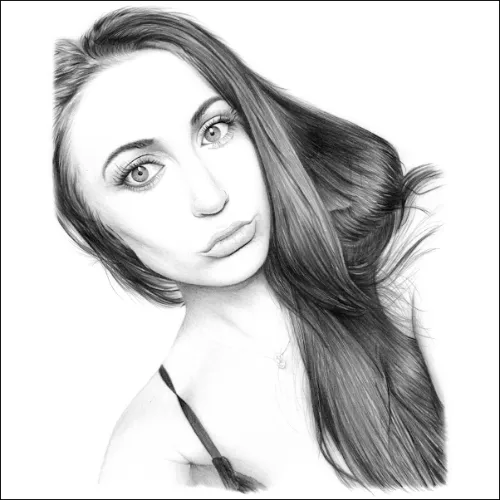 Drawings of Women - Detailed pencil portrait of a young woman with long hair and bold gaze, showing expressive eyes and elegant flowing strands.