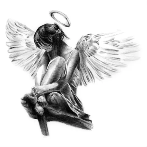 Drawing of a Seated Angel with Halo Pencil drawing of a seated angel with halo and outstretched wings, head bowed in a reflective, peaceful pose with soft shading.