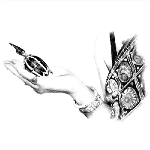 Elegant Hand Holding an Ornate Perfume Bottle Realistic pencil drawing of a hand holding an ornate perfume bottle, with detailed jewellery and patterned fabric visible nearby.