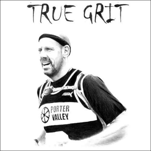 “True Grit” - Endurance Runner in Action, Realistic Pencil Portrait Realistic pencil portrait of an endurance runner wearing a cap and race vest, with “True Grit” text above, capturing effort and resolve.