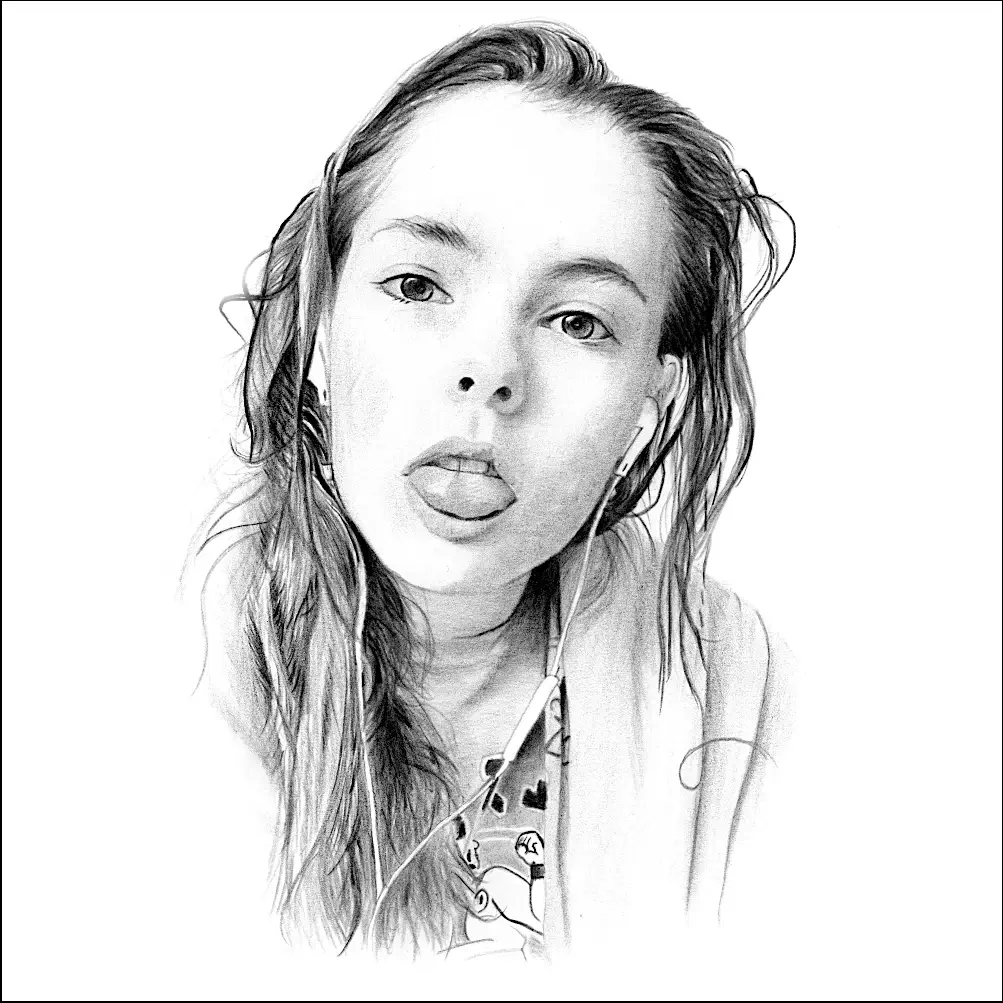 Pencil Portraits: A lively and characterful pencil portrait of a young girl, captured mid-expression as she playfully sticks out her tongue while looking directly at the viewer.