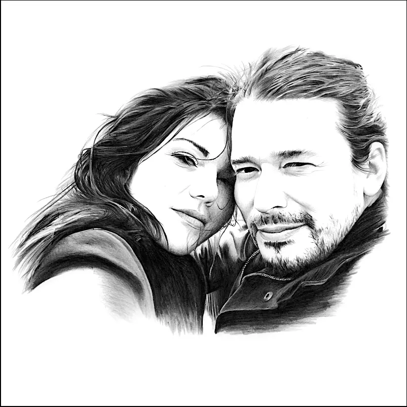 Drawings of Couples: Drawing of a couple in a tender embrace,