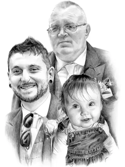 Family Pencil Drawing of a grandfather, father, and baby girl,