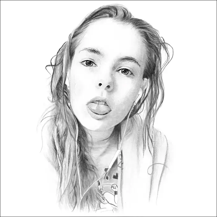 Drawing of a Girl with Ear Buds as She sticks out her tongue Pencil Portraits: A lively and characterful pencil portrait of a young girl, captured mid-expression as she playfully sticks out her tongue while looking directly at the viewer.