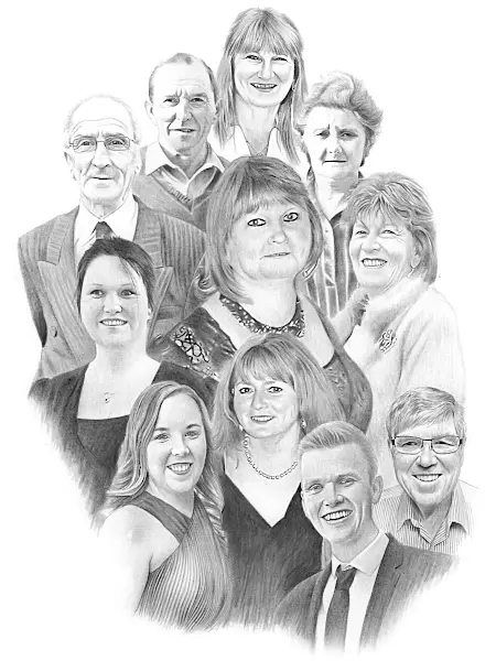 Graphite Pencil Family Portrait Featuring Ten Relatives Graphite pencil family portrait featuring ten relatives in a multi-generation montage with realistic detail and warmth.
