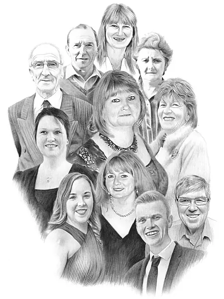 Graphite Pencil Family Portrait Featuring Ten Relatives Graphite pencil family portrait featuring ten relatives in a multi-generation montage with realistic detail and warmth.