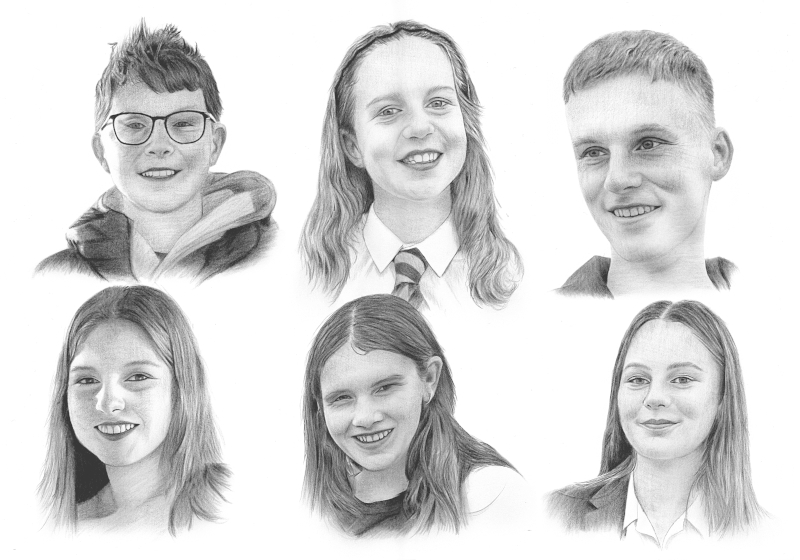 Six Realistic Pencil Portraits of School-age Children Six realistic pencil portraits of school-age children, hand drawn from photos with lifelike detail and natural expressions.